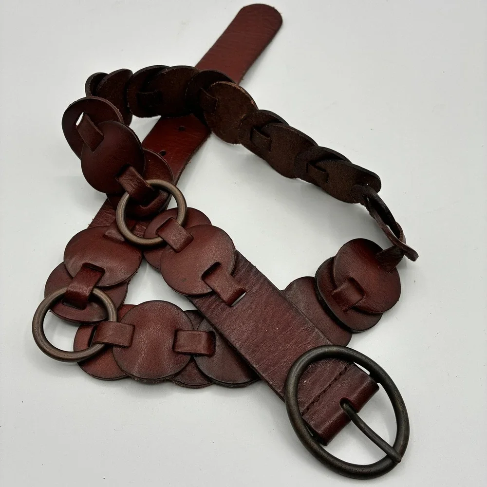 Fossil Brown Leather Belt Womens S Linked Disc Antique Brass Boho Festival